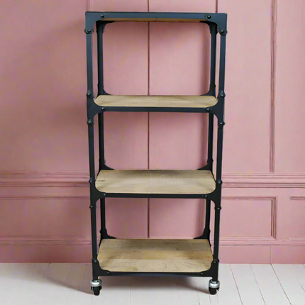 Black iron & wood  shelving unit on wheels