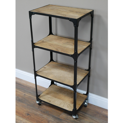 Black iron & wood  shelving unit on wheels