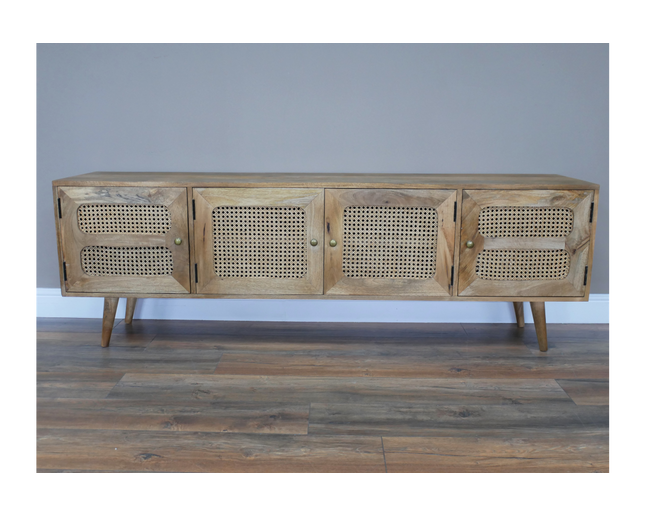 Rustic wood & rattan 4 door wide Tv cabinet - Back in stock November