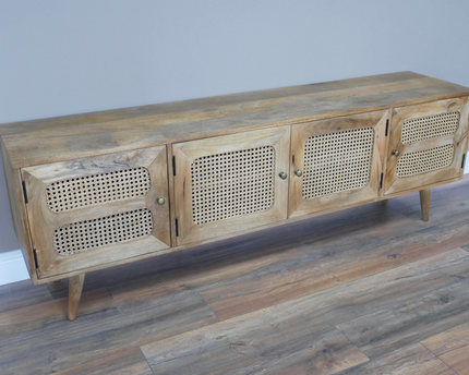 Rustic wood & rattan 4 door wide Tv cabinet - Back in stock November