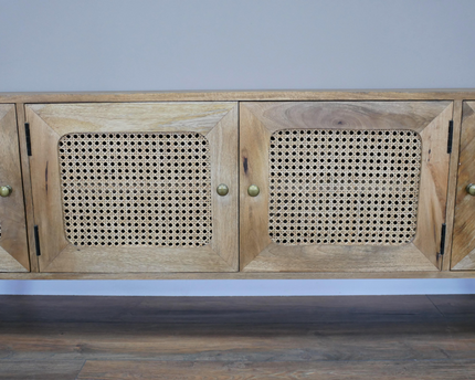 Rustic wood & rattan 4 door wide Tv cabinet - Back in stock November