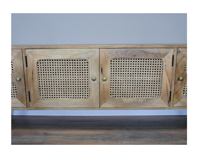 Rustic wood & rattan 4 door wide Tv cabinet - Back in stock November