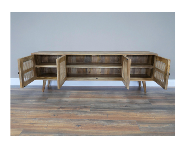 Rustic wood & rattan 4 door wide Tv cabinet - Back in stock November