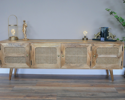 Rustic wood & rattan 4 door wide Tv cabinet - Back in stock November