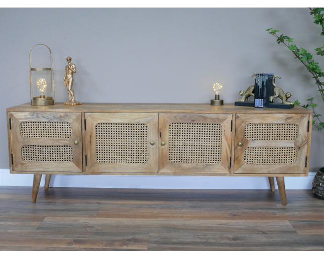 Rustic wood & rattan 4 door wide Tv cabinet - Back in stock November