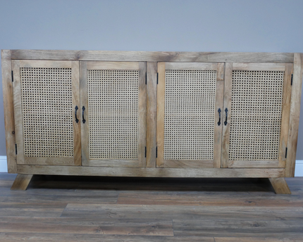 XL rustic wood & rattan  4 door sideboard cabinet