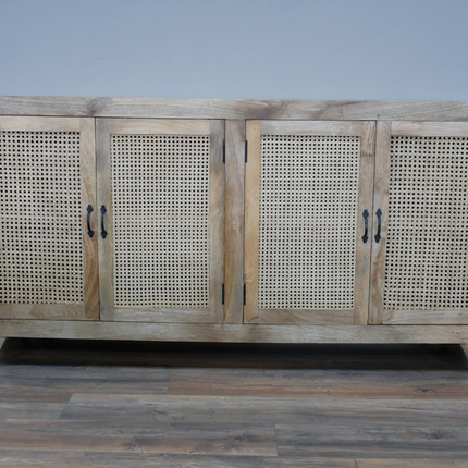 XL rustic wood & rattan  4 door sideboard cabinet