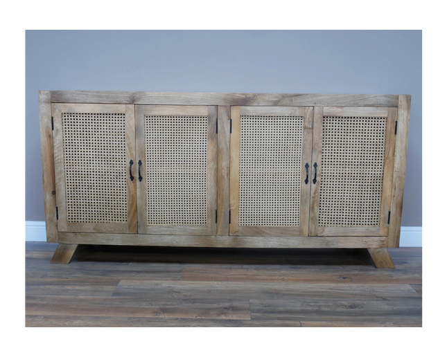 XL rustic wood & rattan  4 door sideboard cabinet