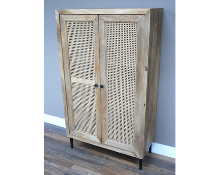 Tall wood & rattan shelved cupboard