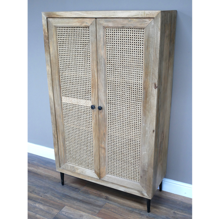 Tall wood & rattan shelved cupboard