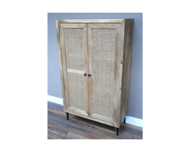 Tall wood & rattan shelved cupboard