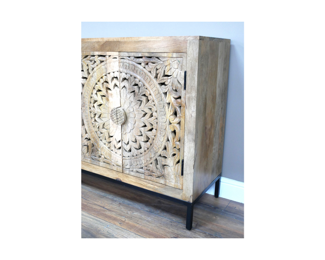 Large 4 door hand carved natural wood storage cabinet