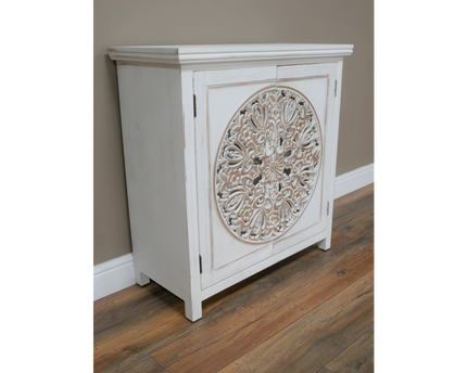 Bohemian rustic hand carved whitewashed storage cabinet