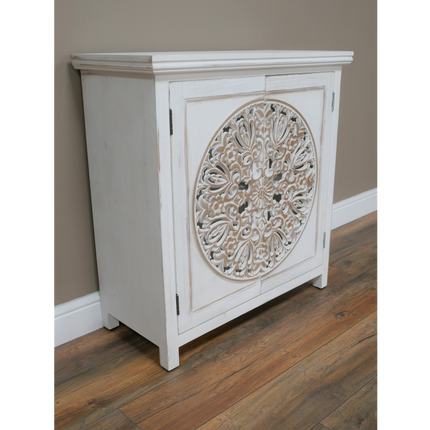 Bohemian rustic hand carved whitewashed storage cabinet