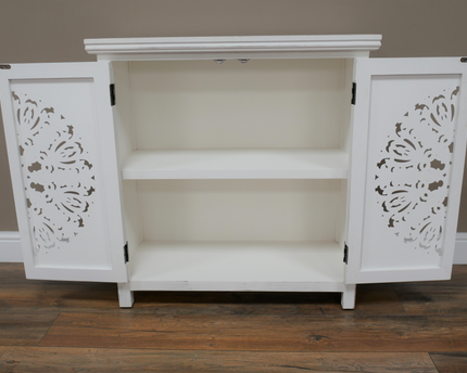 Bohemian rustic hand carved whitewashed storage cabinet