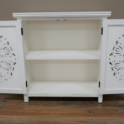 Bohemian rustic hand carved whitewashed storage cabinet