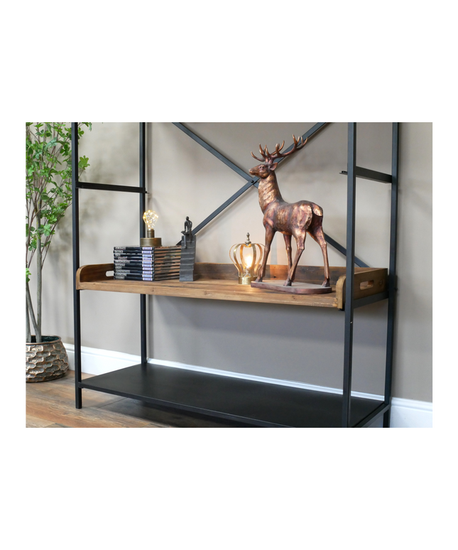 Tall wide black iron & rustic wood display shelf cabinet