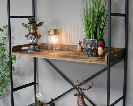 Tall wide black iron & wood display shelf cabinet