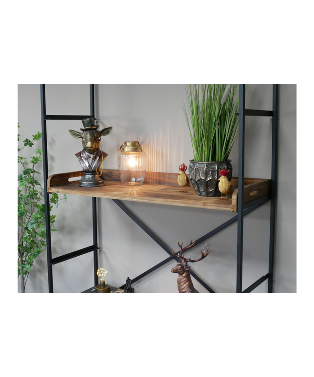 Tall wide black iron & rustic wood display shelf cabinet