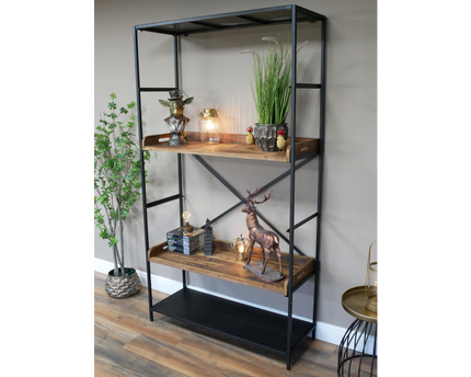 Tall wide black iron & wood display shelf cabinet