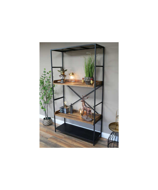 Tall wide black iron & rustic wood display shelf cabinet