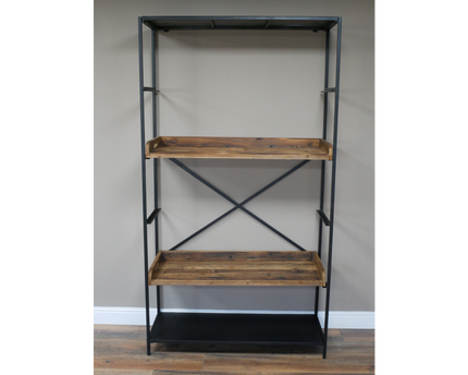 Tall wide black iron & wood display shelf cabinet