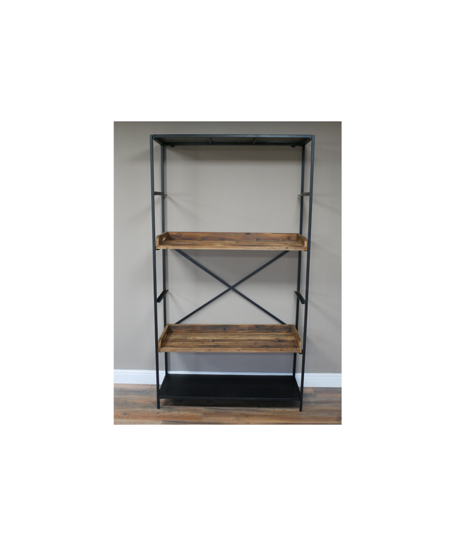 Tall wide black iron & rustic wood display shelf cabinet