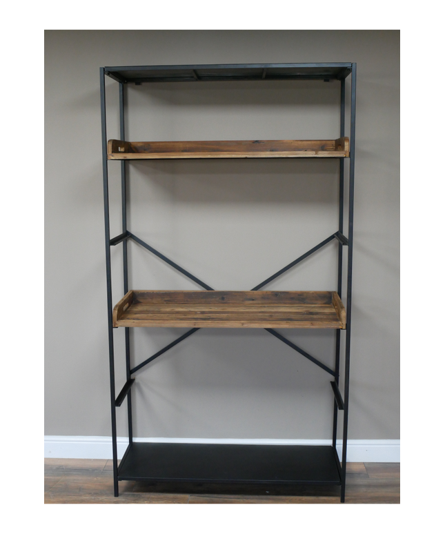 Tall wide black iron & rustic wood display shelf cabinet