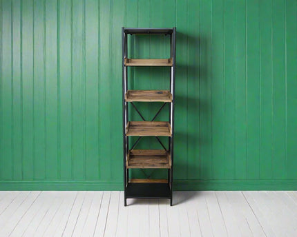 Tall slim black iron & rustic wood open display shelves