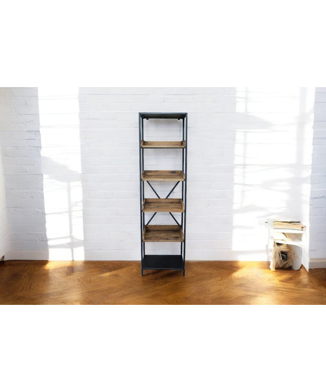 Tall slim black iron & rustic wood open display shelves