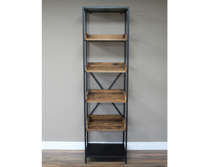 Tall slim black iron & rustic wood open display shelves