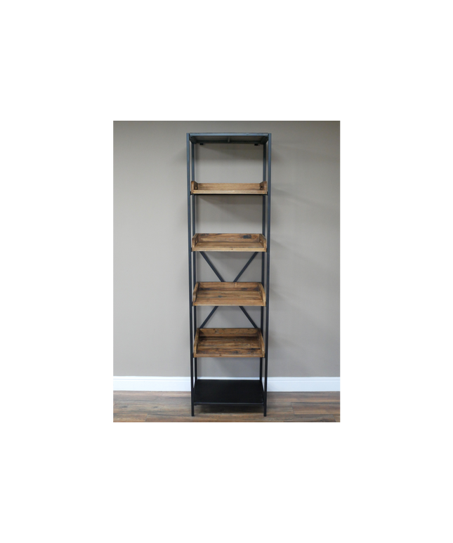 Tall slim black iron & rustic wood open display shelves