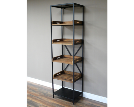 Tall slim black iron & rustic wood open display shelves