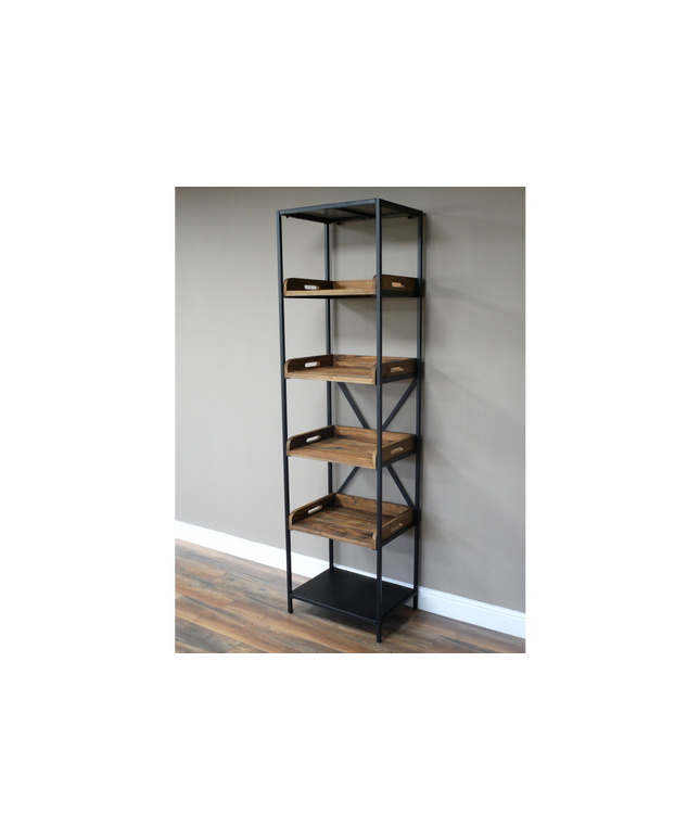 Tall slim black iron & rustic wood open display shelves