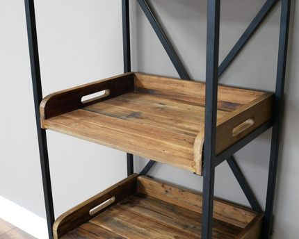 Tall slim black iron & rustic wood open display shelves