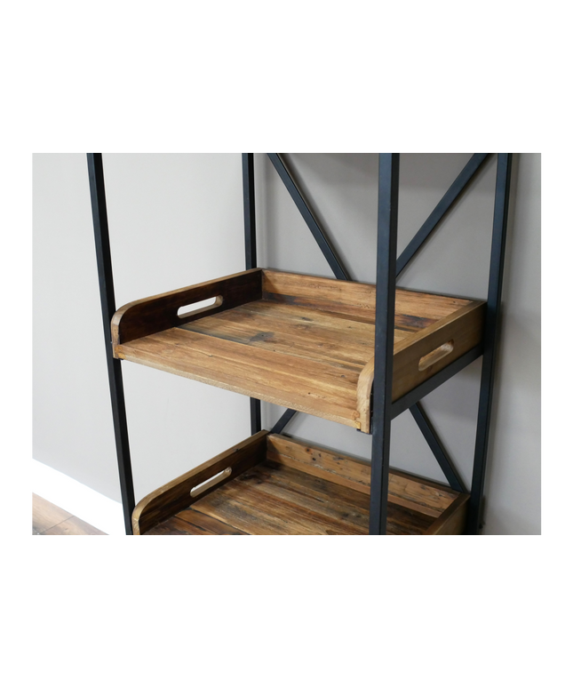 Tall slim black iron & rustic wood open display shelves