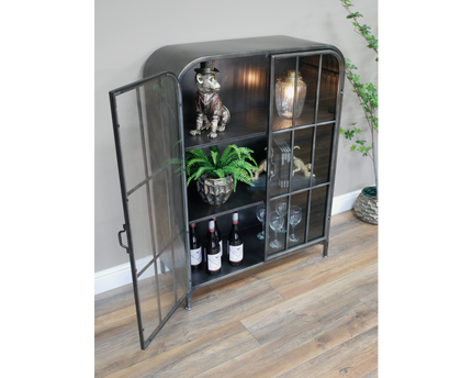 Glass fronted metal storage floor display cabinet.