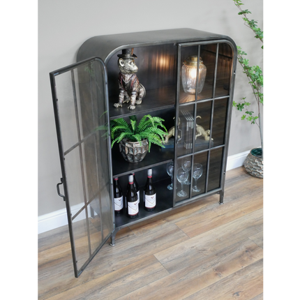 Glass fronted metal storage floor display cabinet.