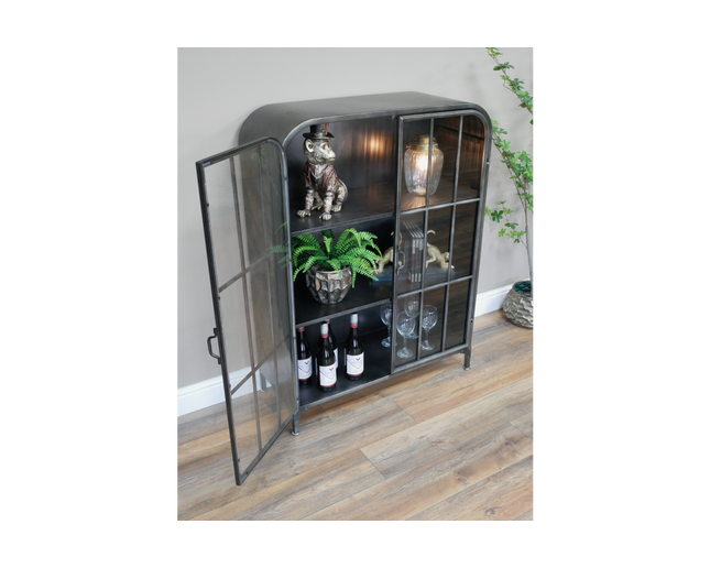 Glass fronted metal storage floor display cabinet.