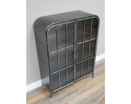 Glass fronted metal storage floor display cabinet.