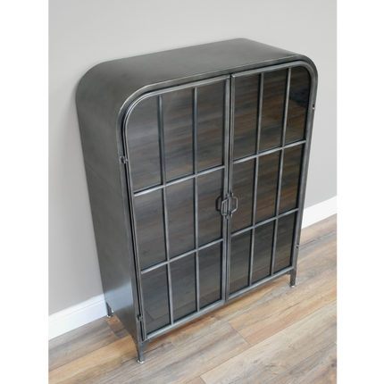 Glass fronted metal storage floor display cabinet.