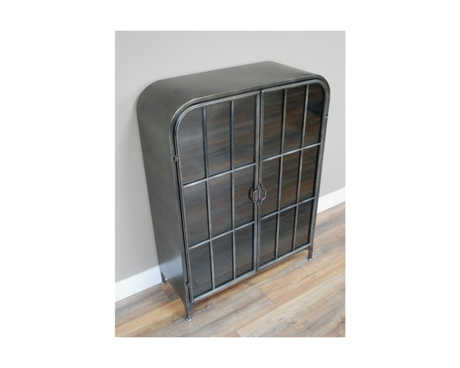 Glass fronted metal storage floor display cabinet.