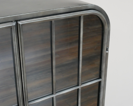 Glass fronted metal storage floor display cabinet.