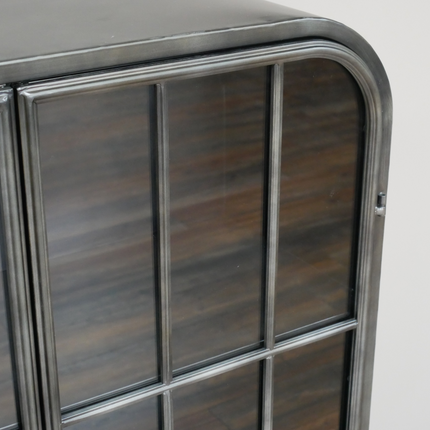 Glass fronted metal storage floor display cabinet.