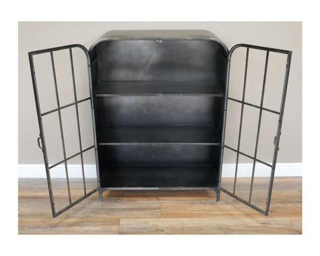 Glass fronted metal storage floor display cabinet.