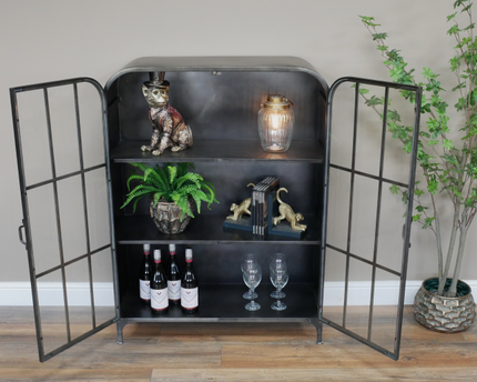 Glass fronted metal storage floor display cabinet.