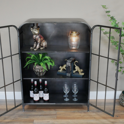 Glass fronted metal storage floor display cabinet.