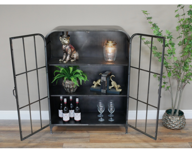 Glass fronted metal storage floor display cabinet.