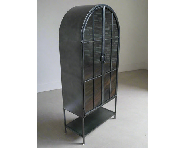 Arched tall slim glass fronted black metal storage display cabinet.