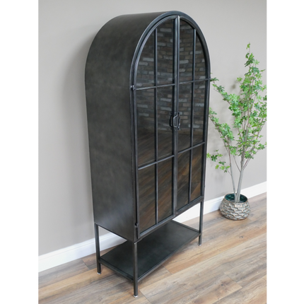 Arched tall slim glass fronted black metal storage display cabinet.